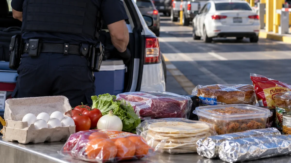 Vehículos cruzando un puente internacional de Ciudad Juárez hacia El Paso con alimentos sujetos a inspección