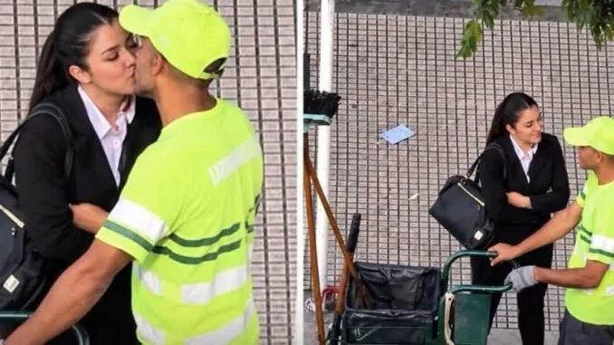 Mujer abraza y besa a su esposo mientras trabaja como recolector de basura