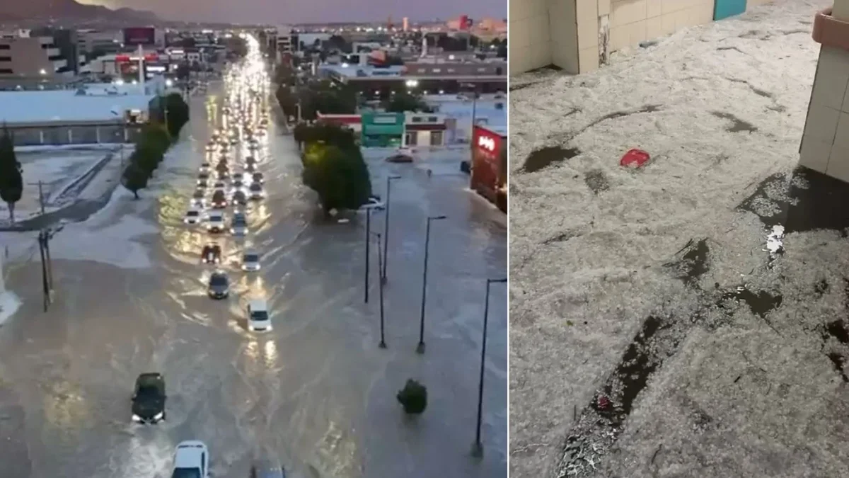Calles inundadas por lluvia y granizo en Ciudad Juárez