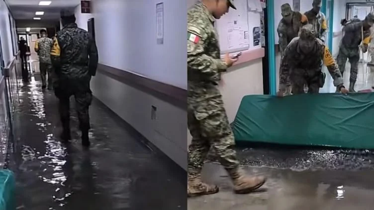 Soldados limpian áreas inundadas del Hospital 6 del IMSS en Ciudad Juárez