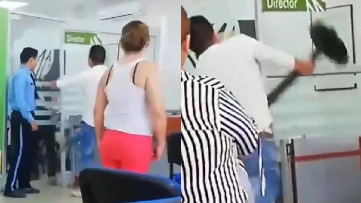 Hombre confronta al jefe de su esposa dentro de un banco de Colombia