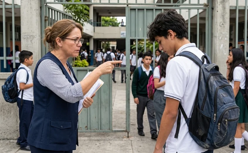 Estudiante de secundaria frente al portón de una escuela tras incumplir el código de vestimenta