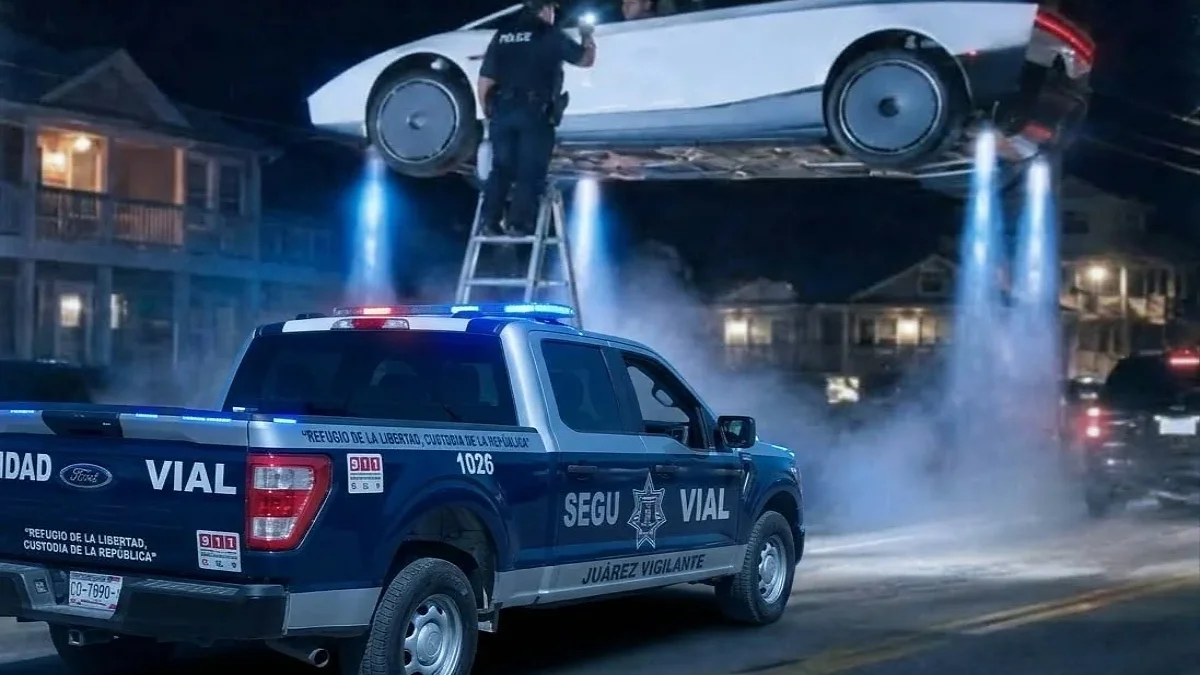 Montaje de un agente de Seguridad Vial revisando con una escalera un supuesto automóvil volador de Tesla en Ciudad Juárez