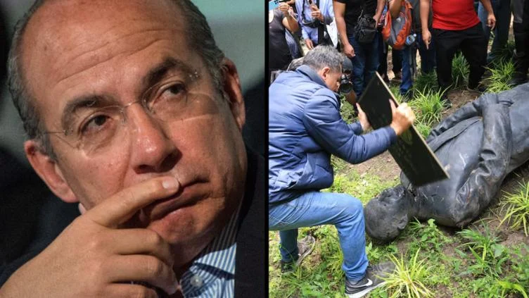 Estatua de Felipe Calderón dañada durante protesta en Los Pinos