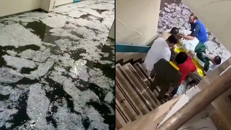 Personal retira agua de los pasillos del Hospital 6 del IMSS en Ciudad Juárez