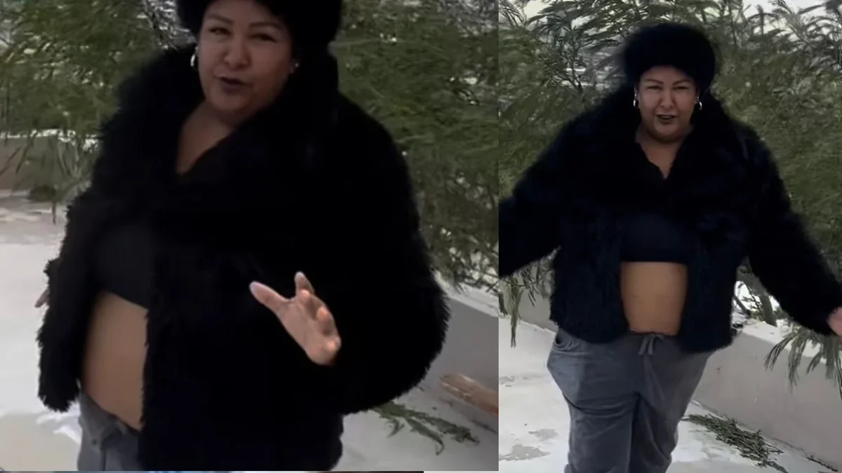 Pache Pache presenta el clima desde una azotea de Ciudad Juárez con abrigo negro y top corto