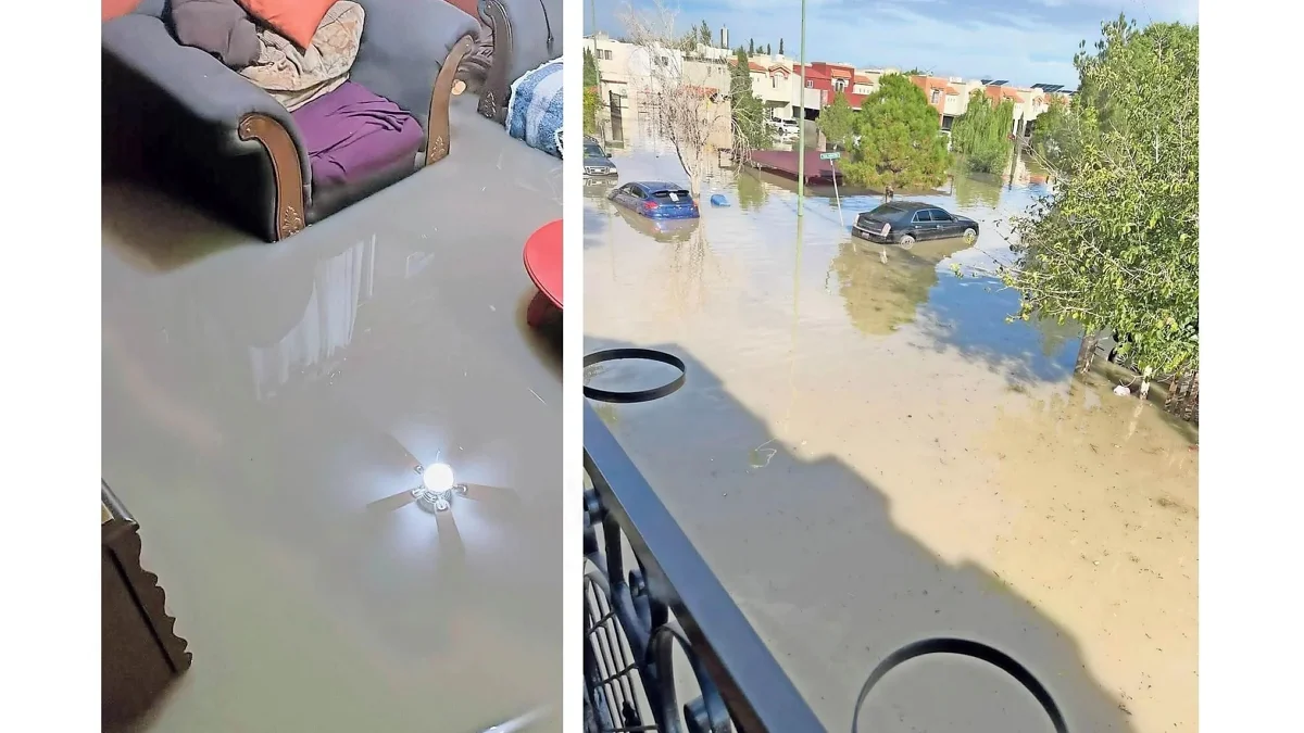 Zona de Gardeno Residencial afectada por inundaciones en Ciudad Juárez