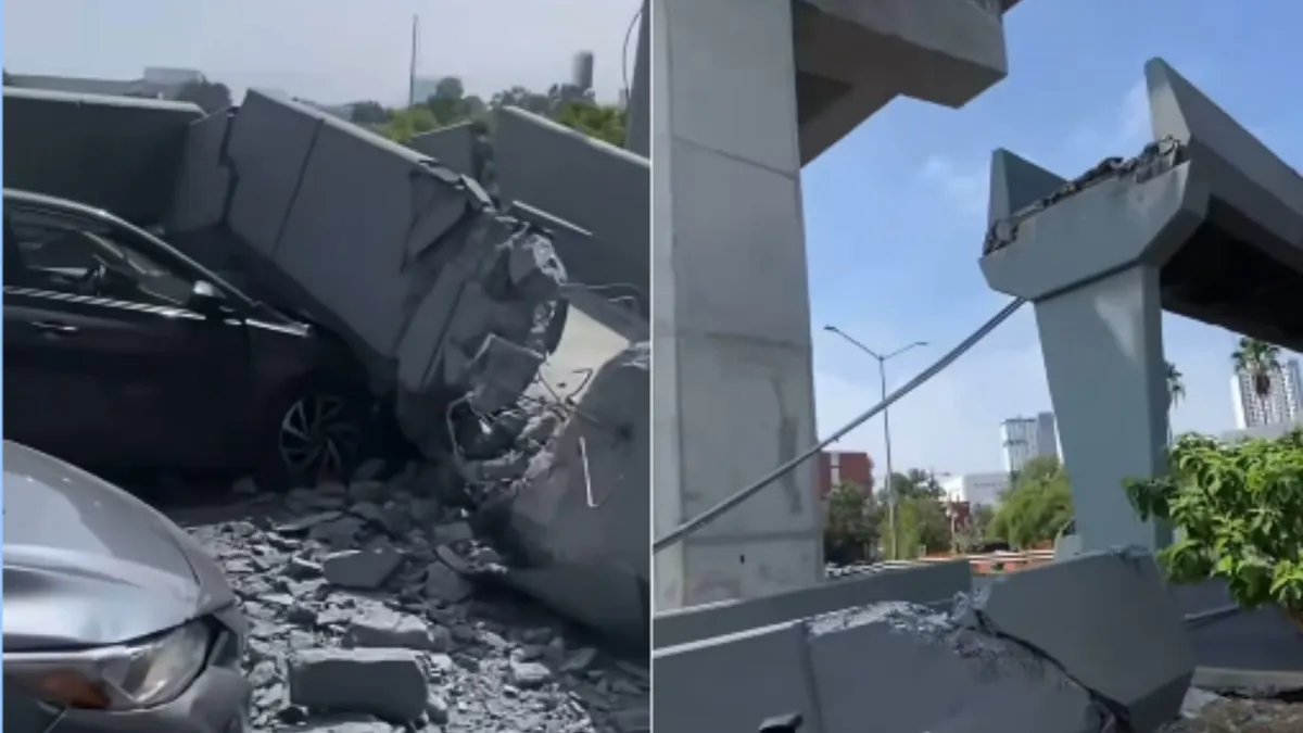 Puente peatonal colapsado sobre un automóvil en la avenida Constitución de Monterrey