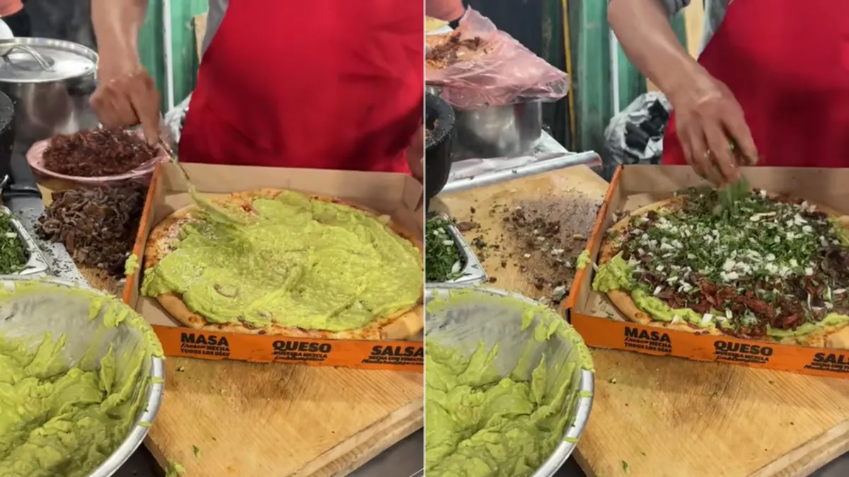 Pizza de Little Caesars cubierta con bistec, pastor, cebolla, cilantro y guacamole