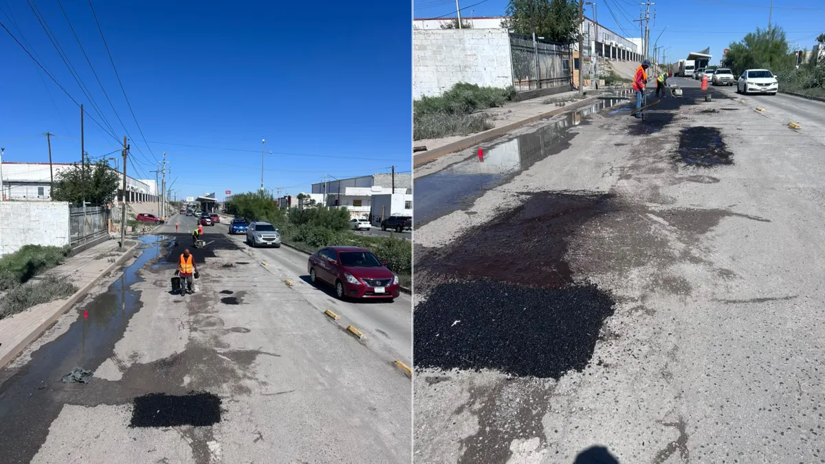 Cuadrilla municipal repara megabaches en el eje vial Juan Gabriel de Ciudad Juárez